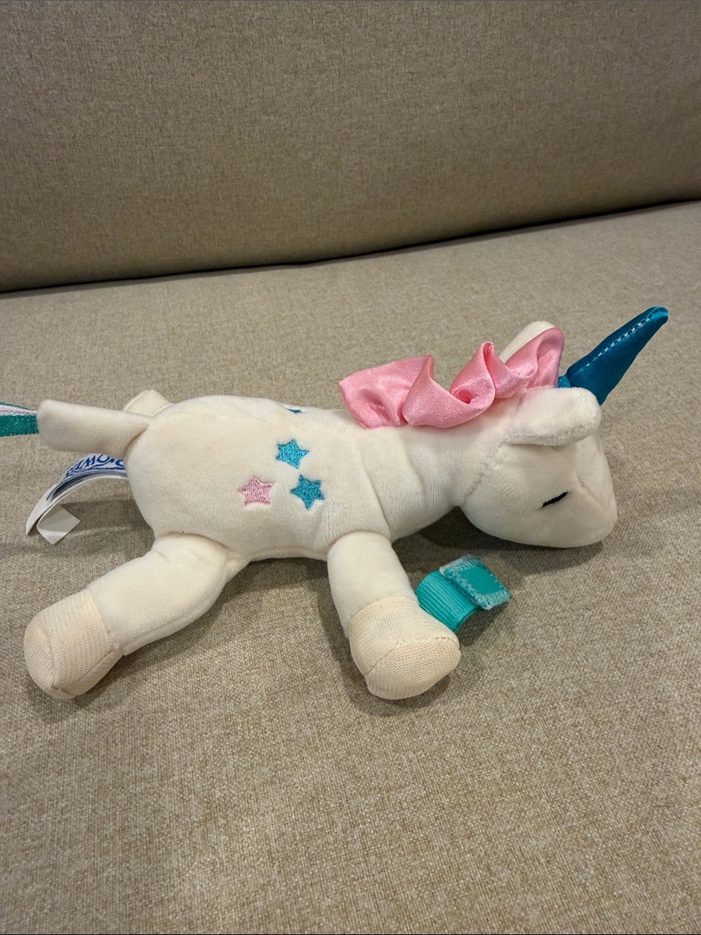 Dr Browns White Unicorn Pacifier and Teether Holder Toy with Pink Mane and Teal
